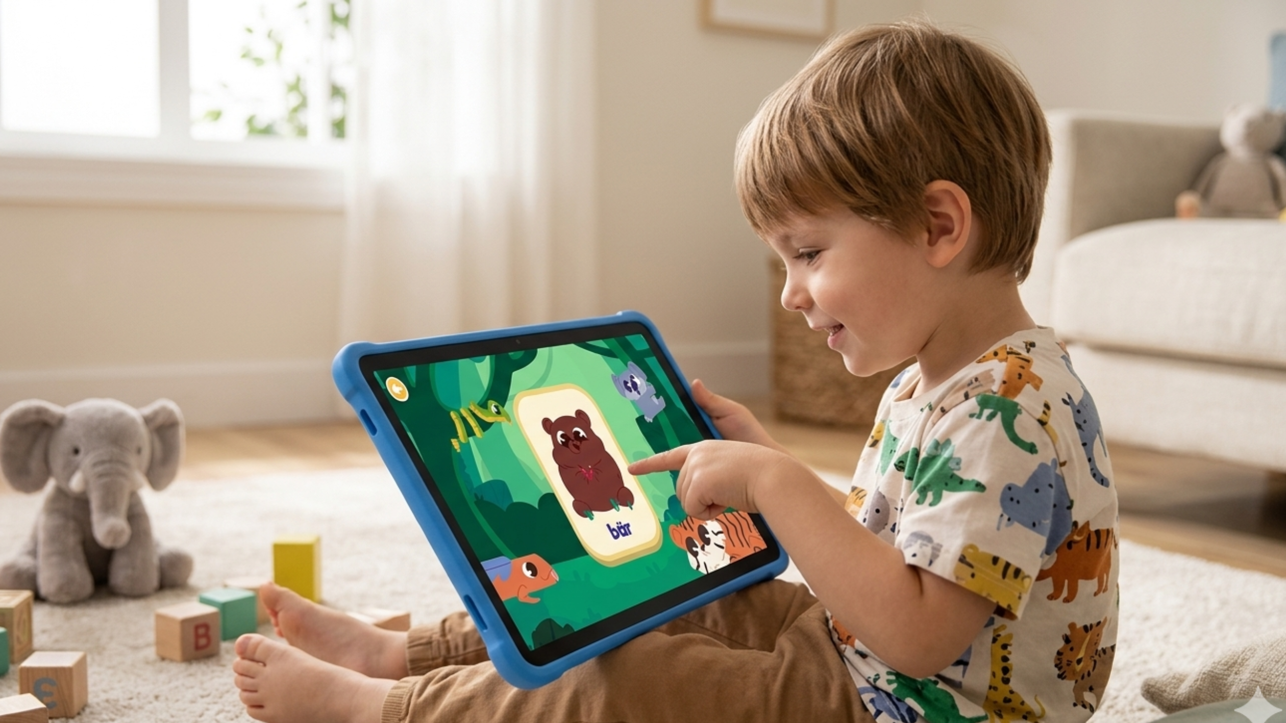 practising first words in German using flashcard games and screen-based tools like Parlini Land
