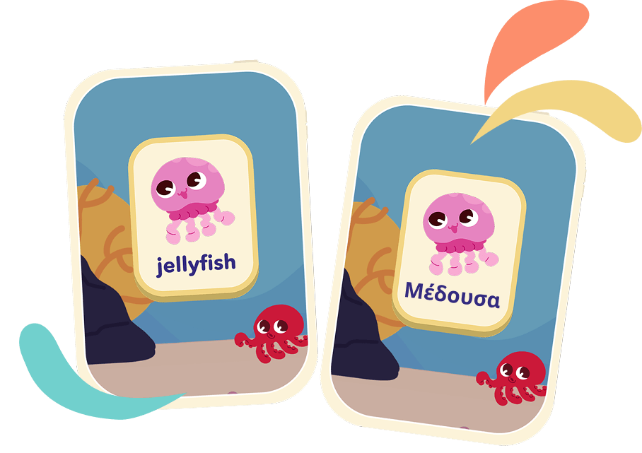 Flashcard screens on Parlini Land teaching Greek and English for kids