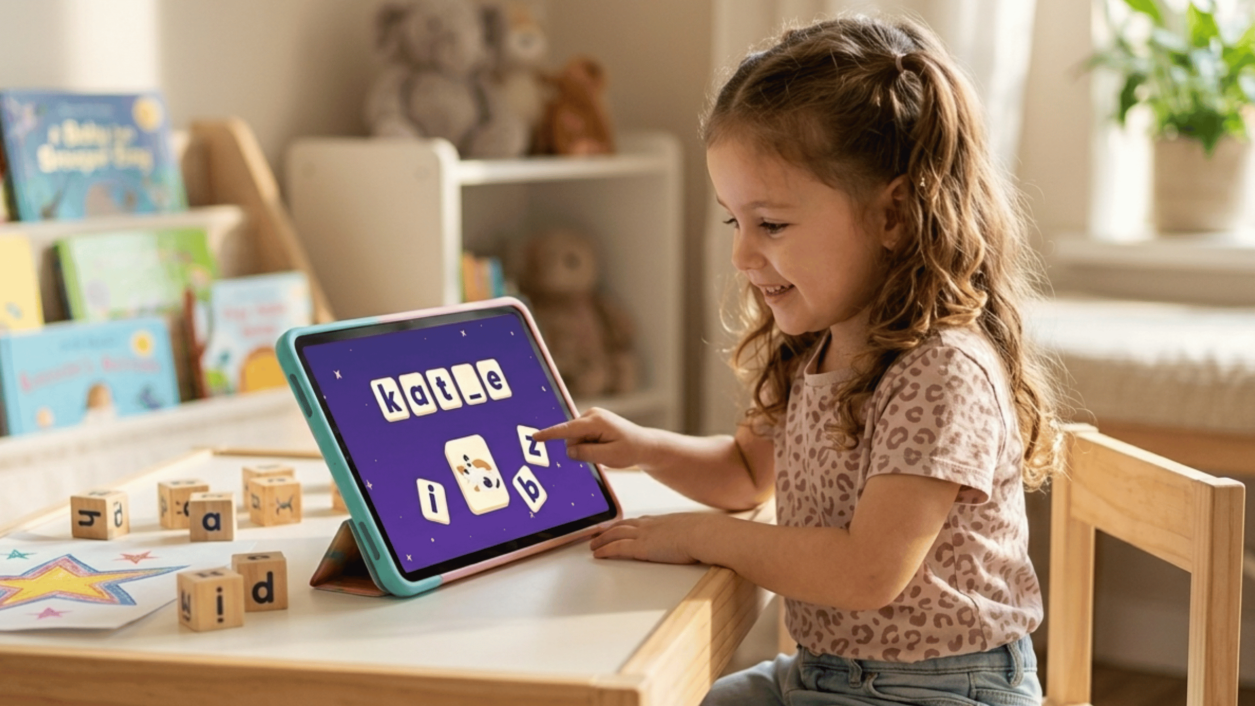 A happy 5-year-old girl is engaged in an interactive educational word-spelling game on a tablet while sitting at a table in a cozy, bright playroom.