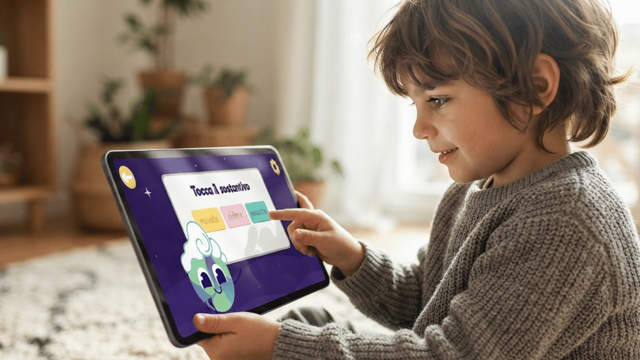 child playing find the noun game in Italian on Parlini Land