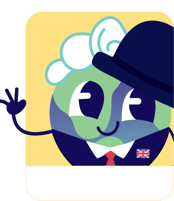 Lini the globe mascot dressed for English – English learning games for kids
