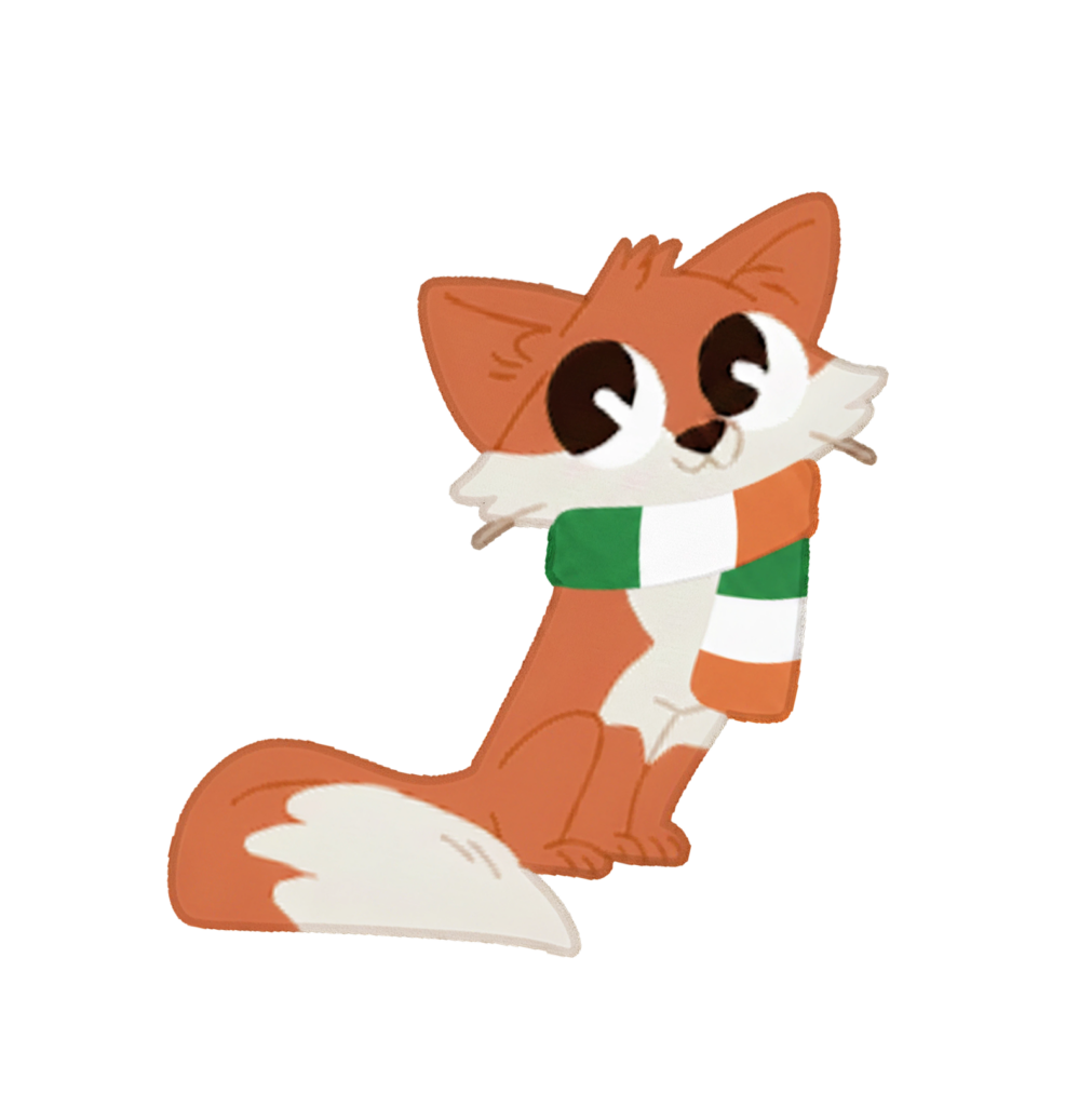 A cartoon fox wearing an Irish scarf