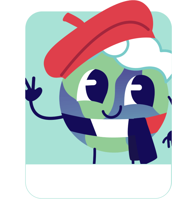 Lini the globe mascot dressed for French – French learning games for kids