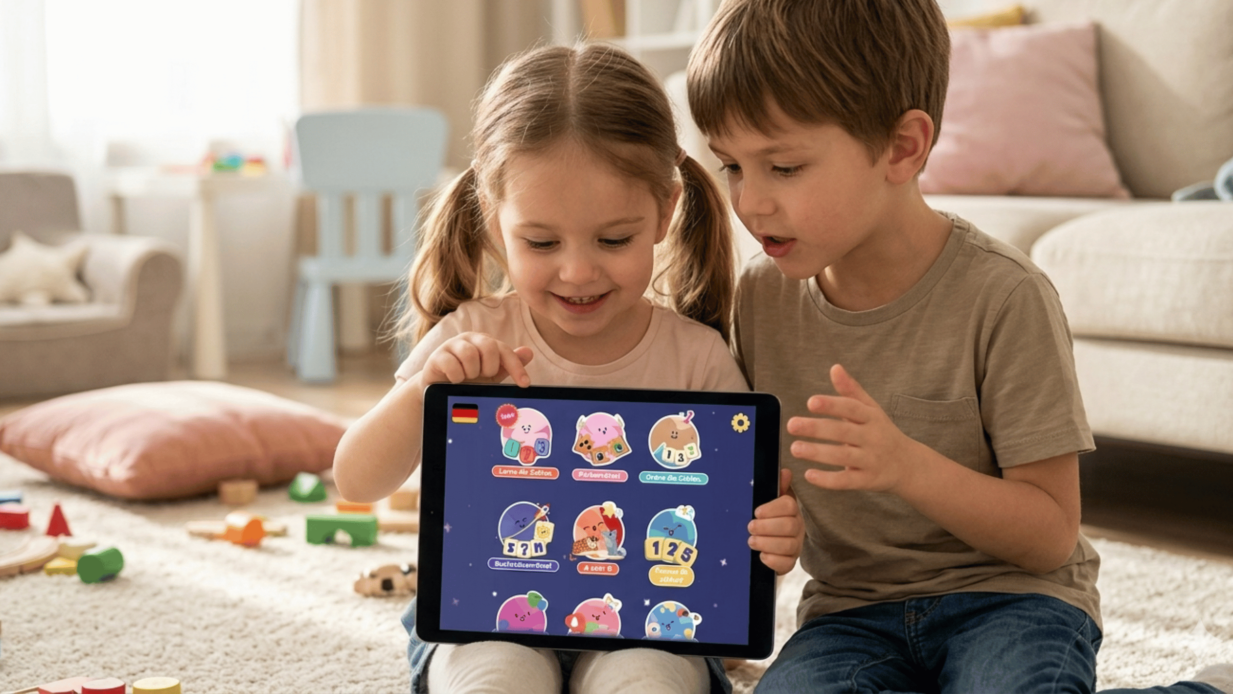 Two young children are sitting on a rug in a bright playroom, smiling as they interact with a tablet featuring a menu of interactive German word games for young children.