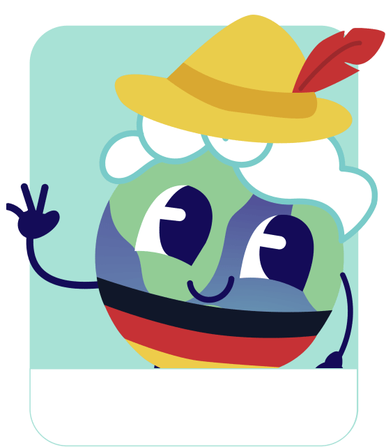 Lini the globe mascot dressed for German – German learning games for kids