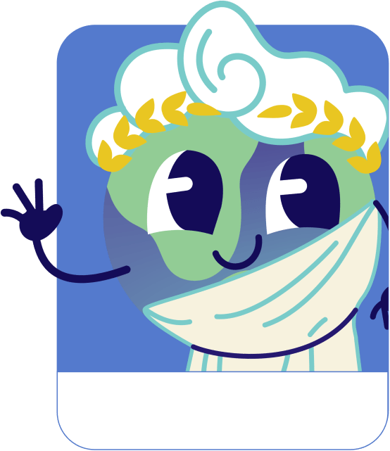 Lini the globe mascot dressed for Greek – Greek learning games for kids