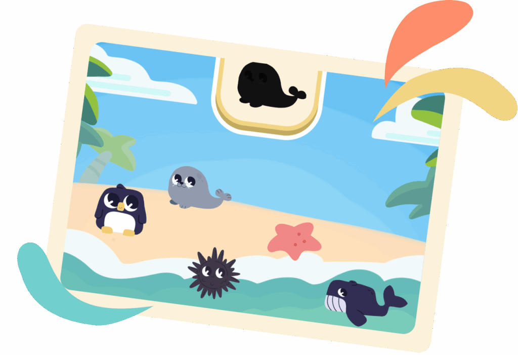 Parlini Land app on a tablet showing a bilingual learning game called match the shadows