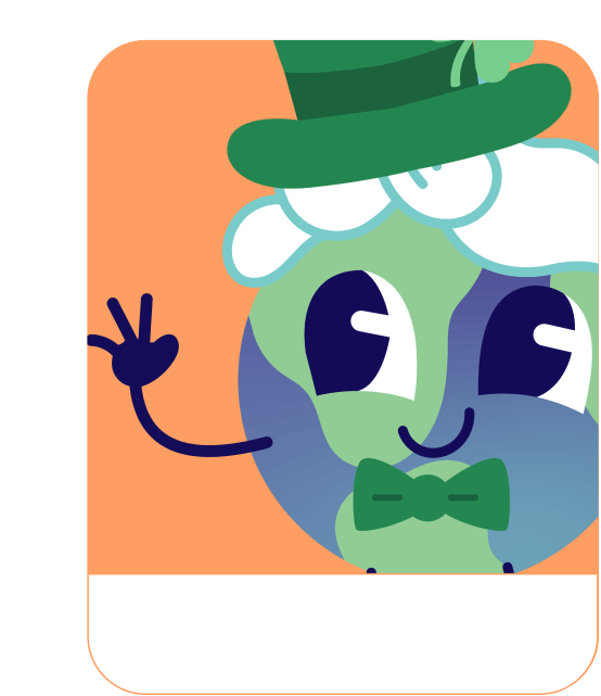 Lini the globe mascot dressed for Irish – Irish learning games for kids