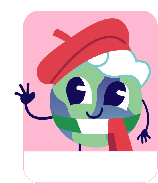 Lini the globe mascot dressed for Italian – Italian learning games for kids
