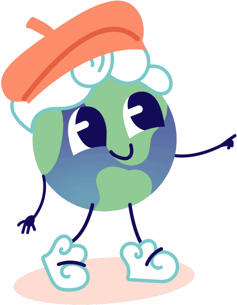 Lini the globe mascot guiding a child to choose a language
