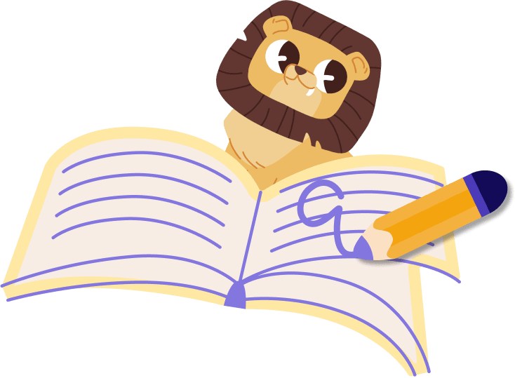 lion sitting on a notebook and a pencil at the front - Reading and writing games for kids