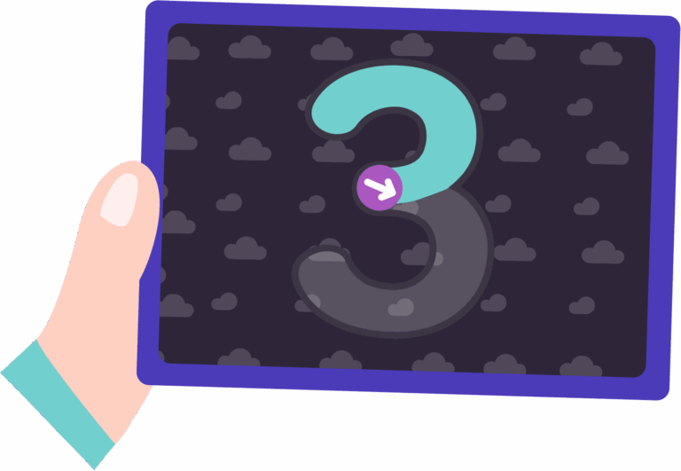 Children's hands holding a tablet and phone playing Parlini Land's trace the number game