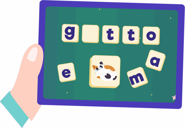 Children's hands holding a tablet and phone playing Parlini Land's spelling game in Italian