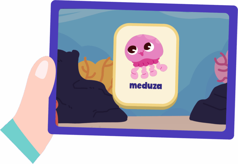Children's hands holding a tablet and phone playing Parlini Land's flashcard game in Polish - Calm ocean illustration – low-stimulation, ad-free design