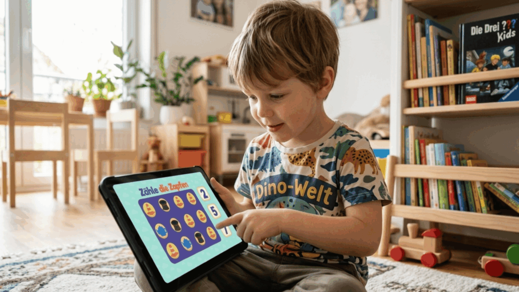 A 5-year-old German boy sitting on the floor in a bright, cozy room, happily interacting with a tablet that displays a "Zähle die Zapfen" (Count the cones) math game, part of the Parlini Land educational series.